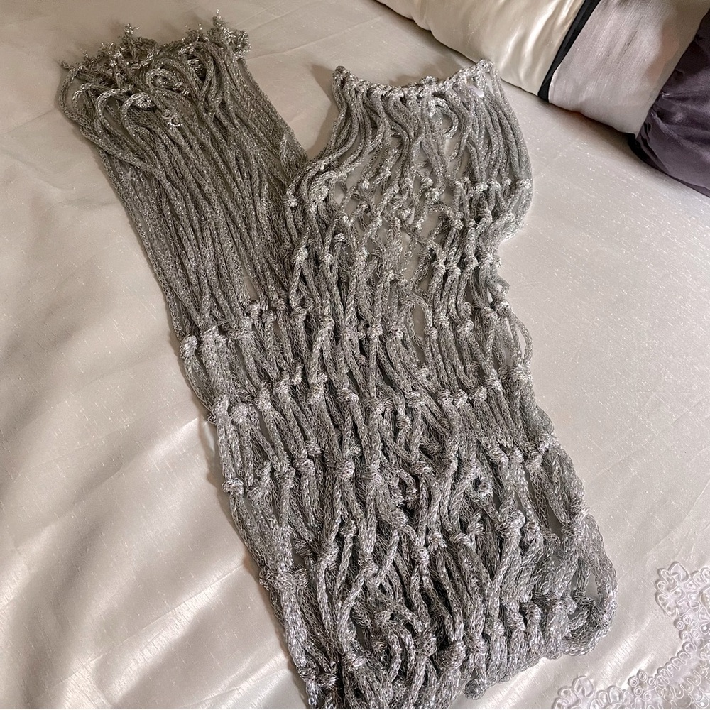 Silver metallic open weave dress